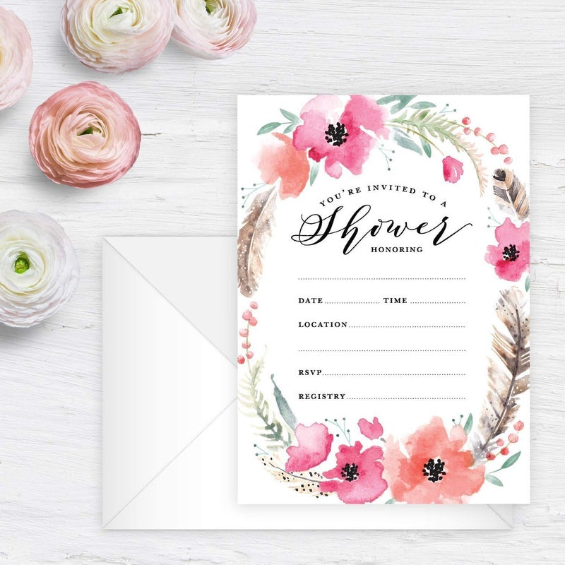 Canopy Street Boho Spirit Fill In The Blank Shower Invitation / 25 Bridal Shower Invitations With White Envelopes / 5" x 7" Flat Boho Baby Shower Invite - Image 2
